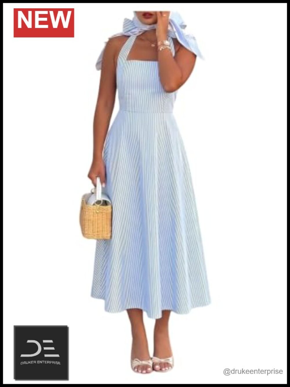 Striped Halter Midi Dress Tie Backless A Line Flowy Vacation Party Sundress